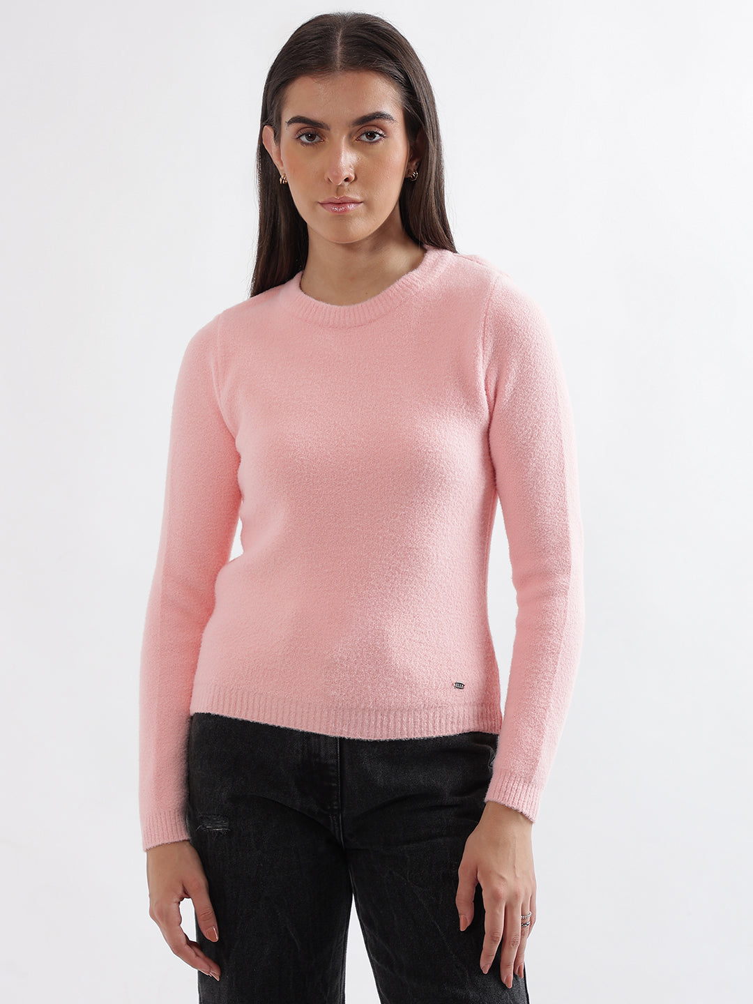 Shop Elle Women Pink Solid Round Neck Full Sleeves Pullover Style - Main Image