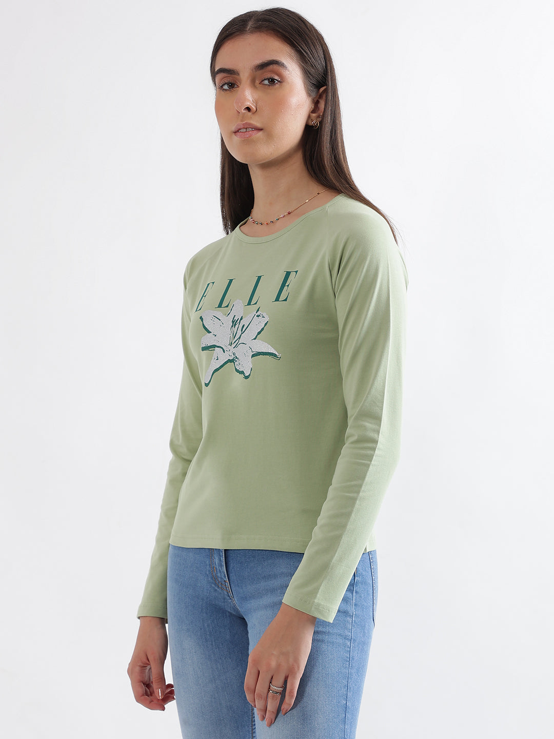 Elle Women Green Printed Round Neck Full Sleeves Tshirt
