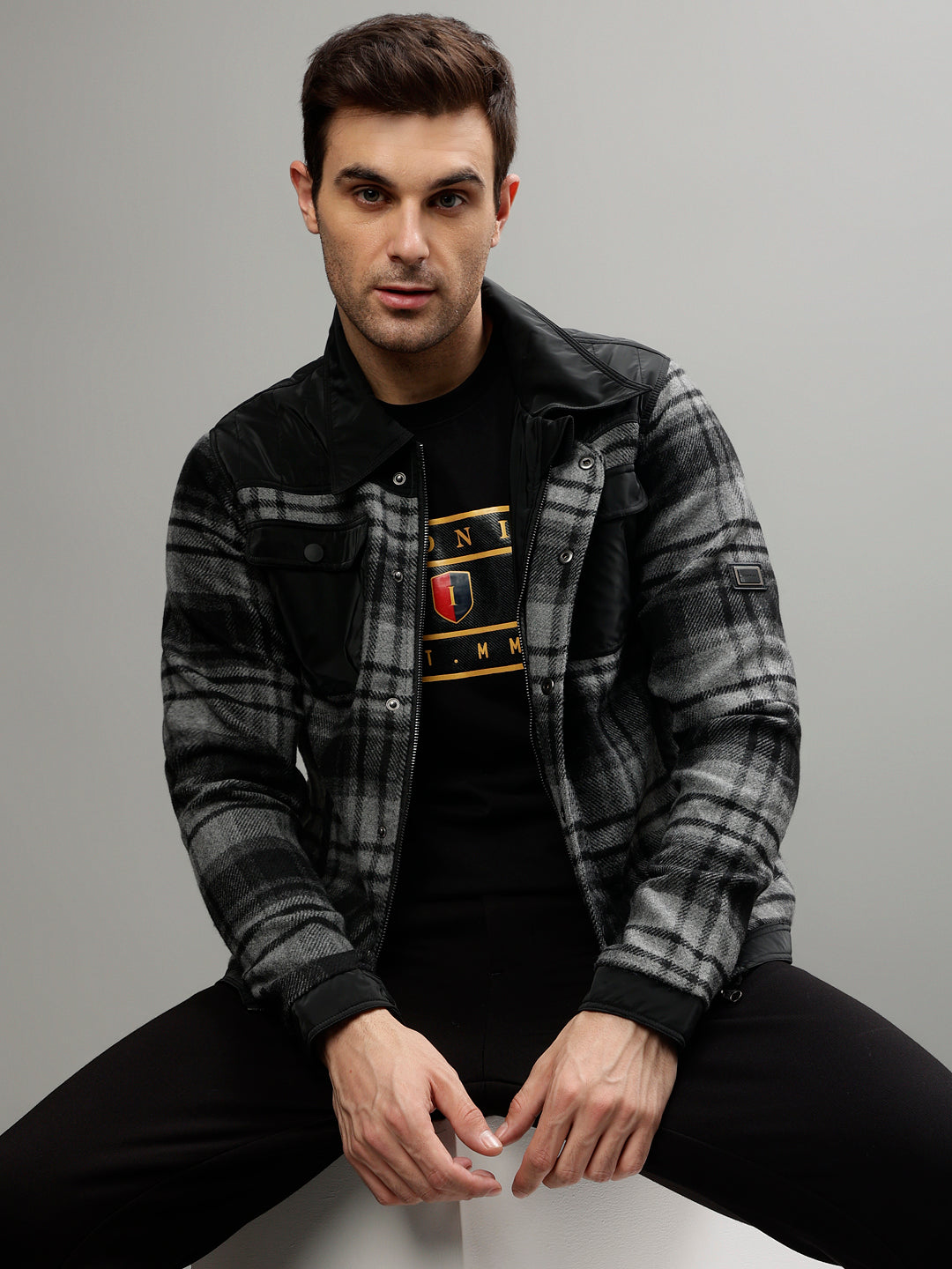 Black T Shirt Jacket Shop Iconic Men Black Checked Spread Collar