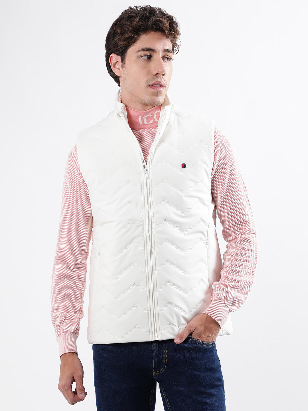 Shop Iconic Men White Solid Stand Collar Sleeveless Puffer Jacket