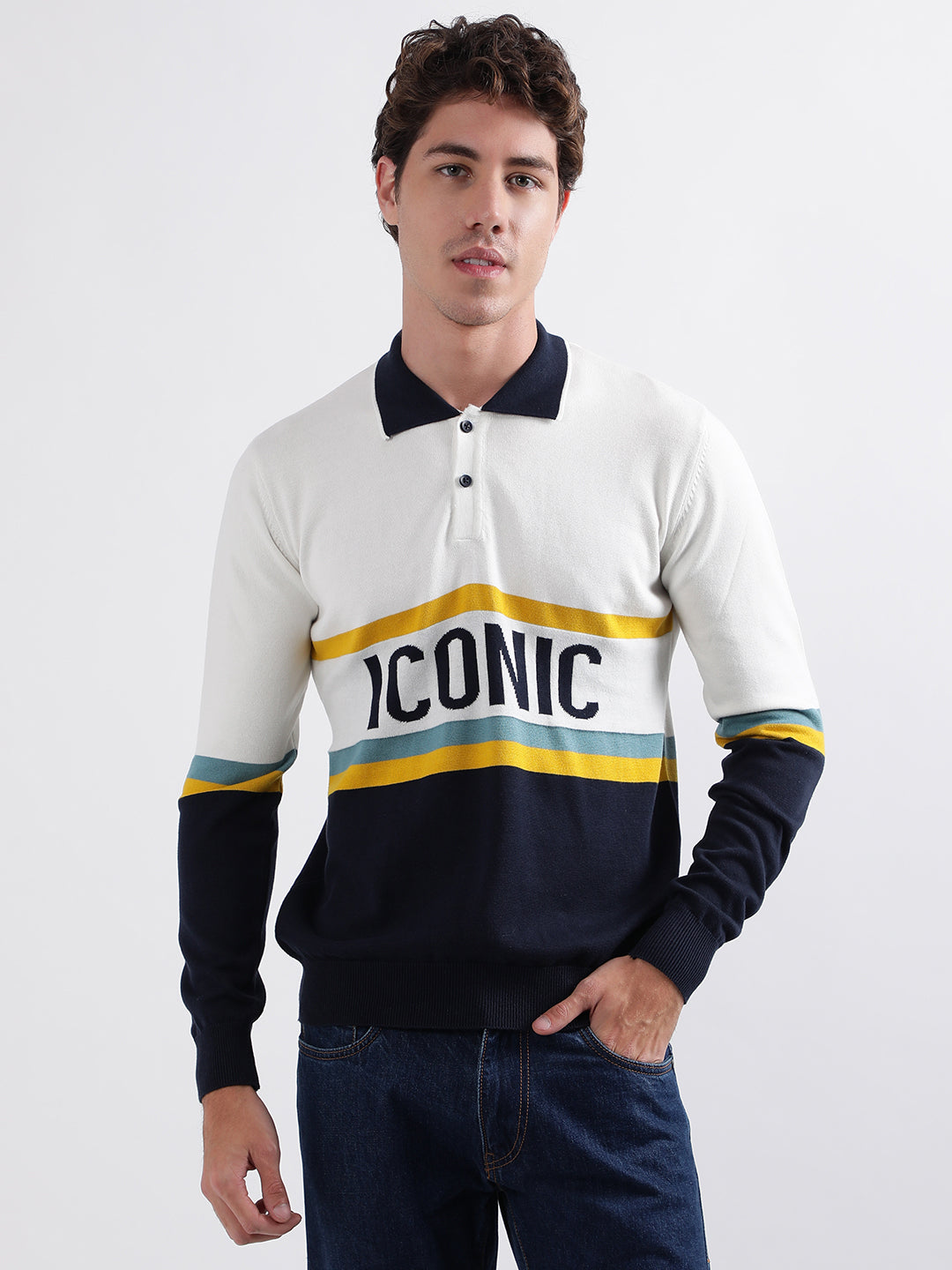 Shop Iconic Men Multicolor Colorblocked Polo Collar Full Sleeves Pullover  Style Sweater Online