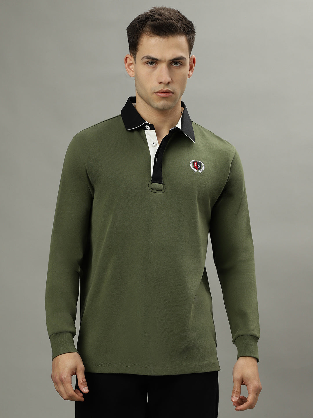 Iconic Men Green Solid Polo Collar Full Sleeves Tshirt