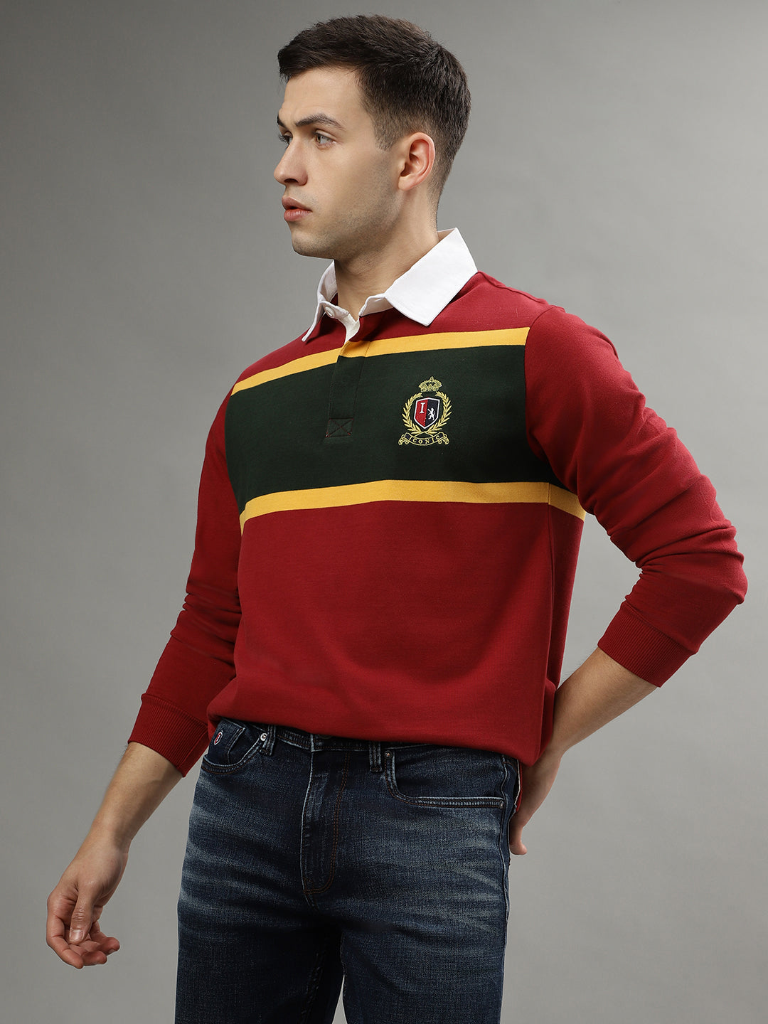 Iconic Men Red Colorblocked Polo Collar Full Sleeves Tshirt