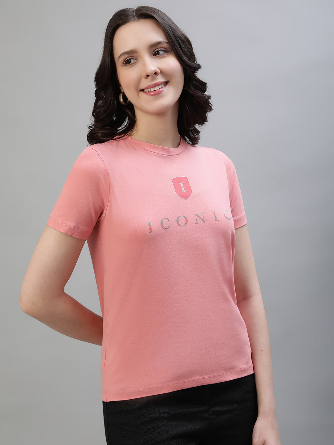 Iconic Women Pink Solid Round Neck Short Sleeves Tshirt