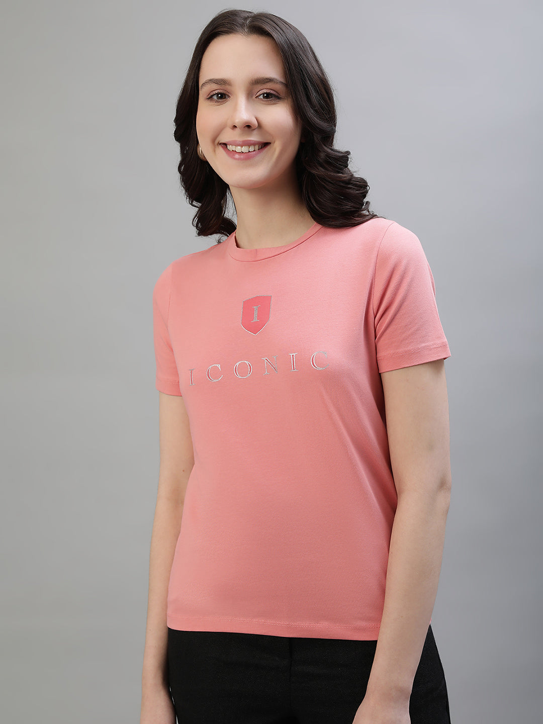 Iconic Women Pink Solid Round Neck Short Sleeves Tshirt