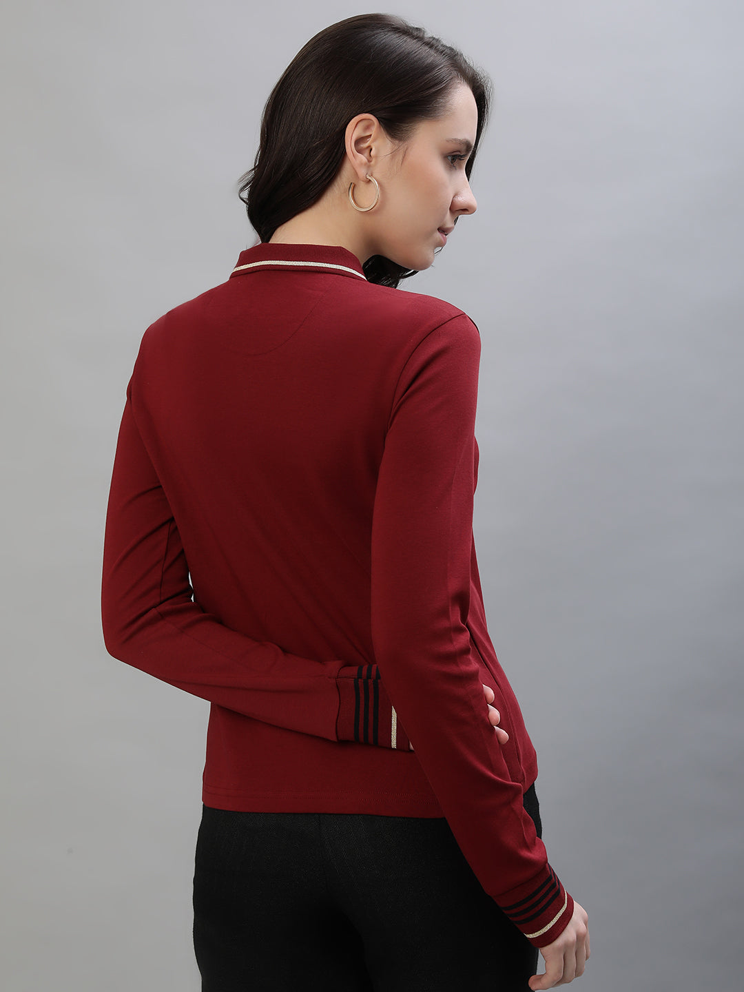 Iconic Women Red Solid Polo Collar Full Sleeves Tshirt