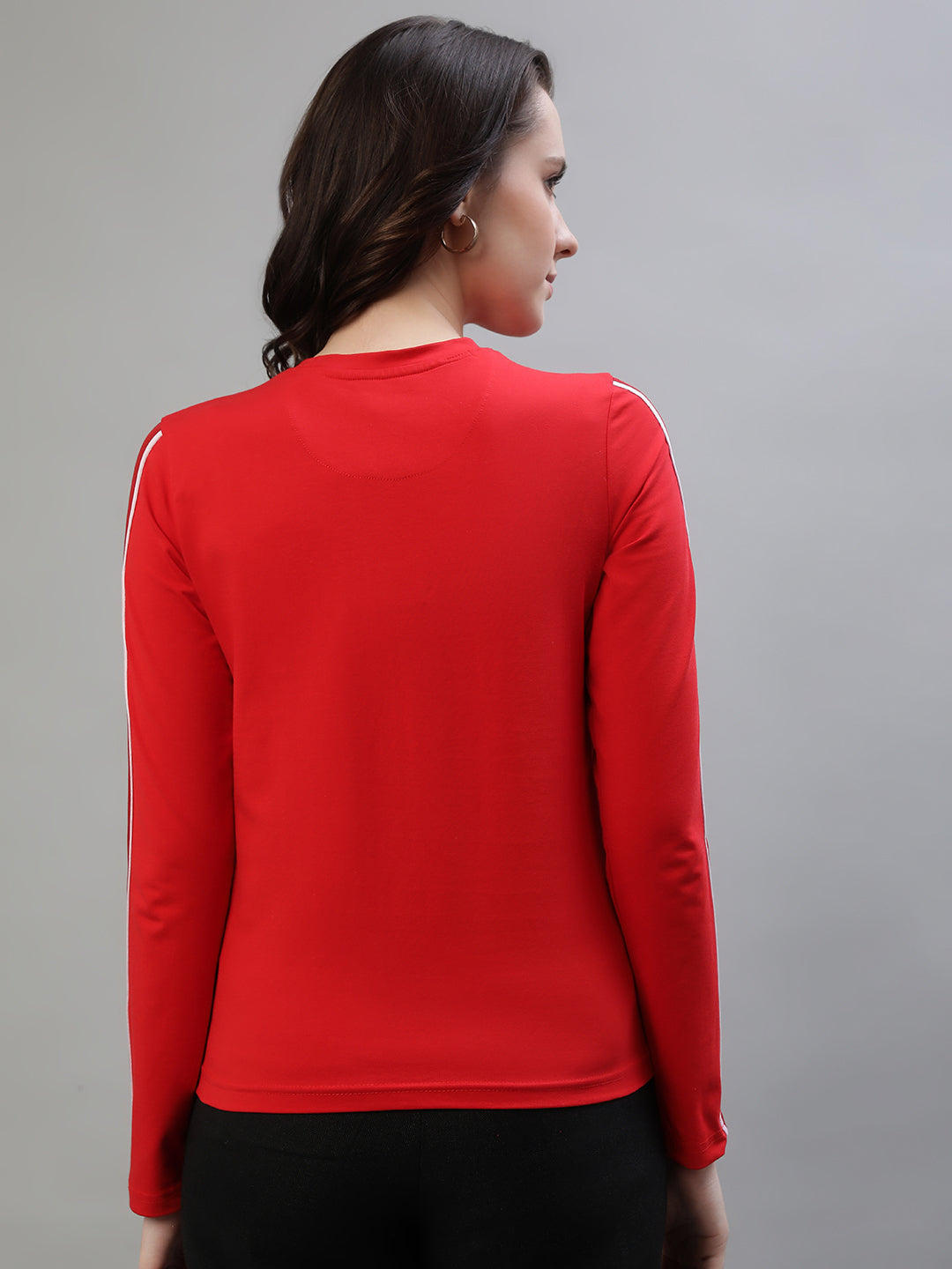 Iconic Women Red Solid Round Neck Full Sleeves Tshirt