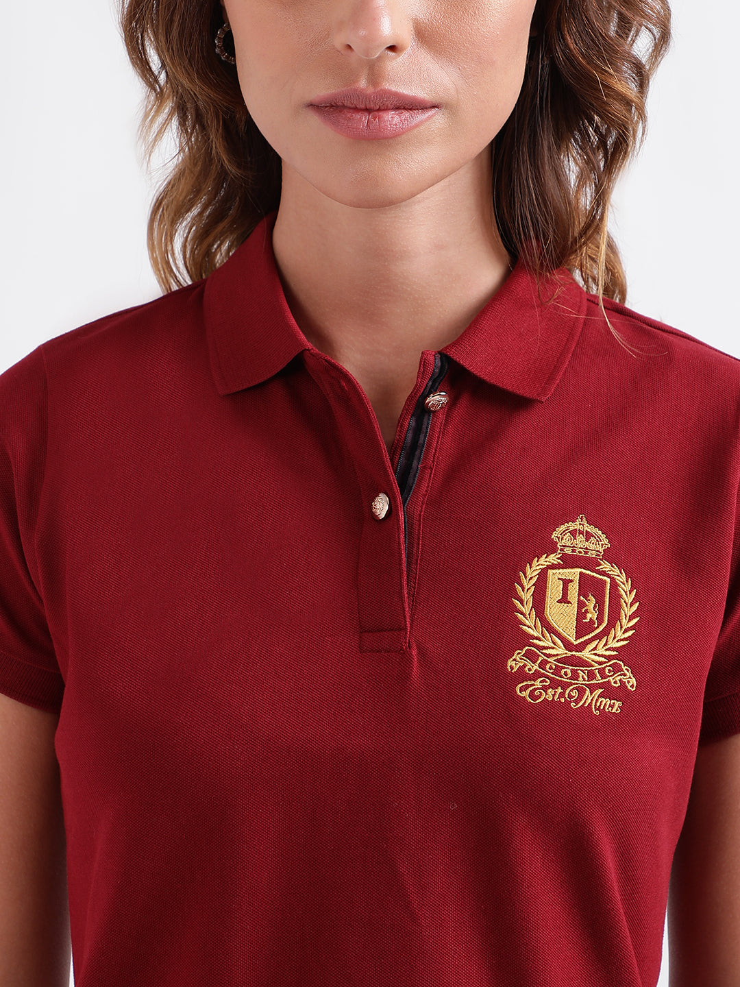 Iconic Women Maroon Solid Polo Collar Short Sleeves Tshirt