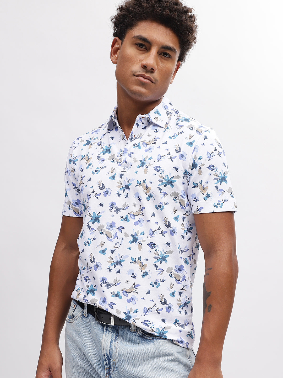 Bruun & Stengade Men White Printed Polo Collar Short Sleeves T-Shirt