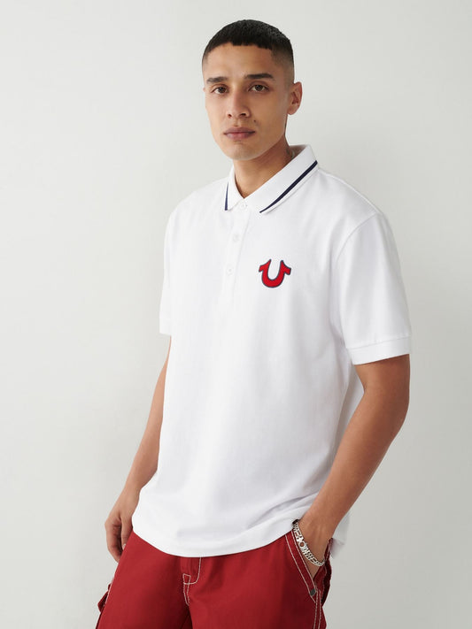 True Religion Men White Printed Polo Neck Short Sleeves T-shirt
