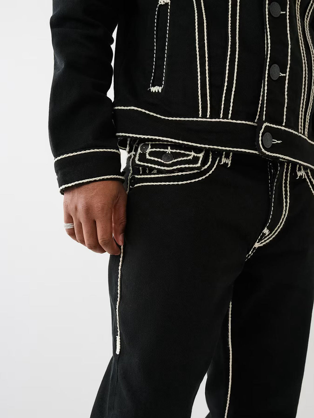 True Religion Rope Stitch Ricky Straight Fit Black Mid-Rise Solid Jeans