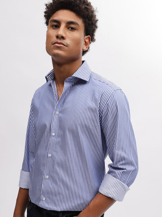 Bruun & Stengade Men Blue Striped Cutaway Collar Full Sleeves Shirt