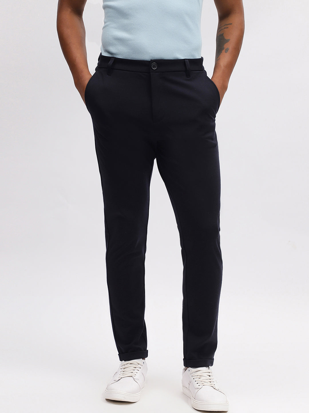 Lindbergh Men Navy Blue Solid Slim Fit Trouser