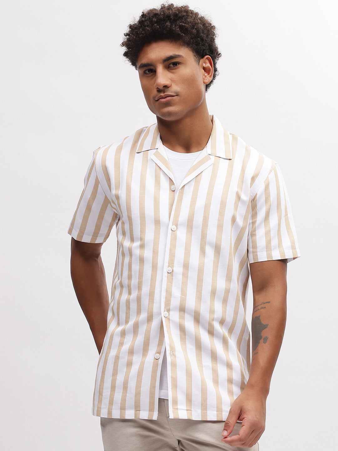 Shop Lindbergh Men Brown Striped Resort Collar Short Sleeves Shirt Online –  Iconic India