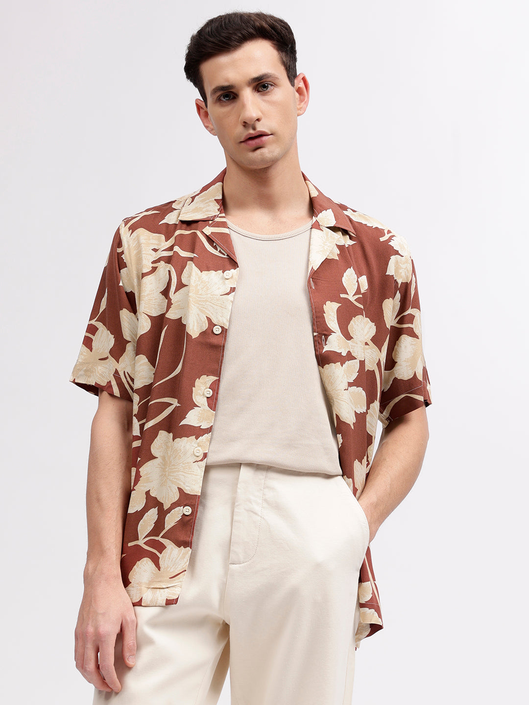 Lindbergh Men Red Floral Print Resort Collar Short Sleeves Shirt