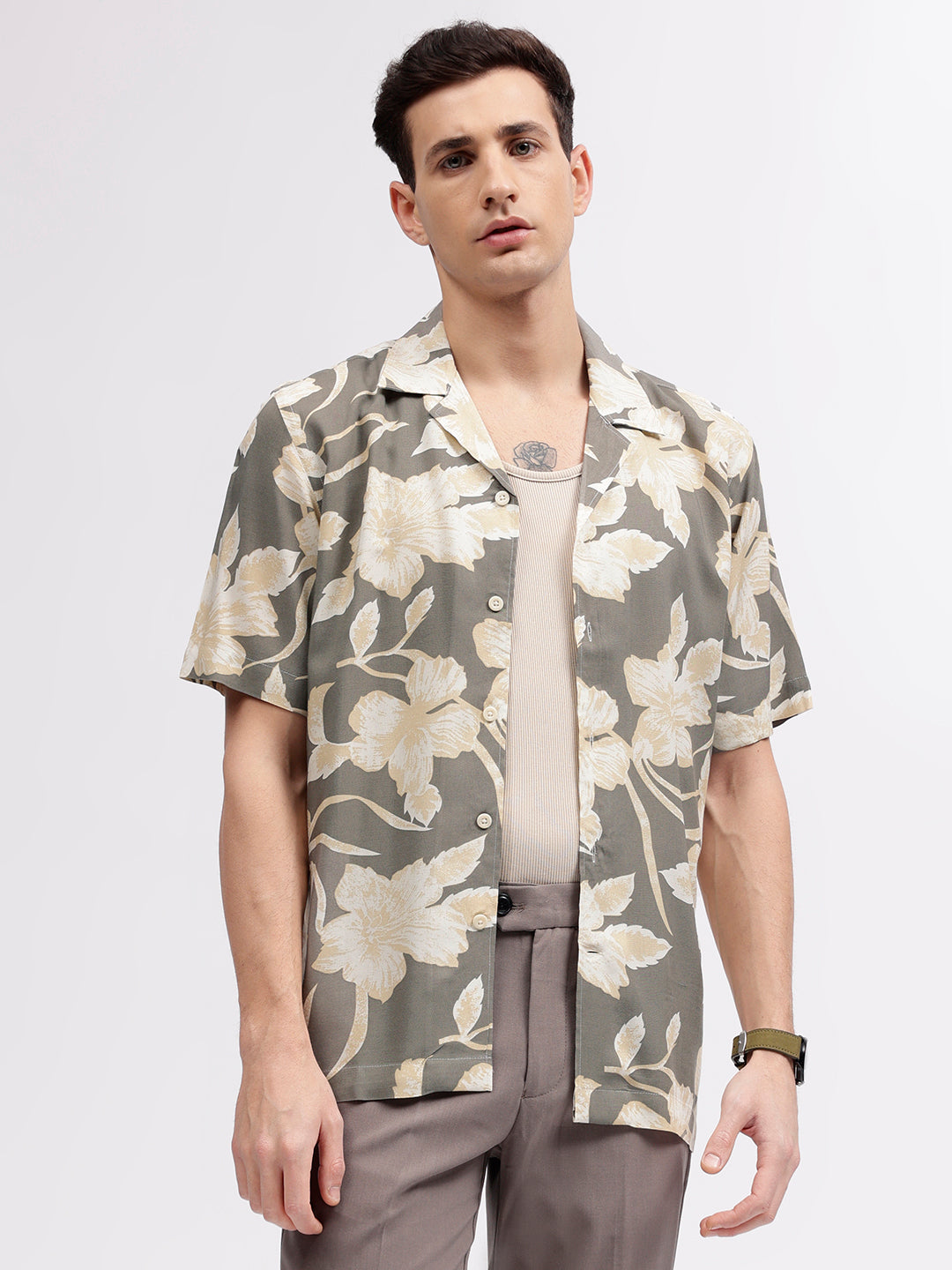 Lindbergh Men Green Floral Print Resort Collar Short Sleeves Shirt