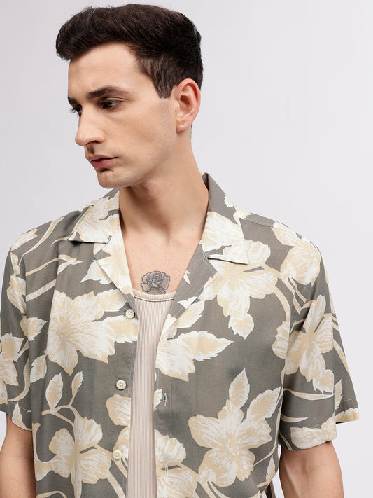 Lindbergh Men Green Floral Print Resort Collar Short Sleeves Shirt