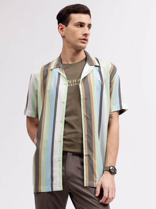 Lindbergh Men Multicolour Striped Resort Collar Short Sleeves Shirt
