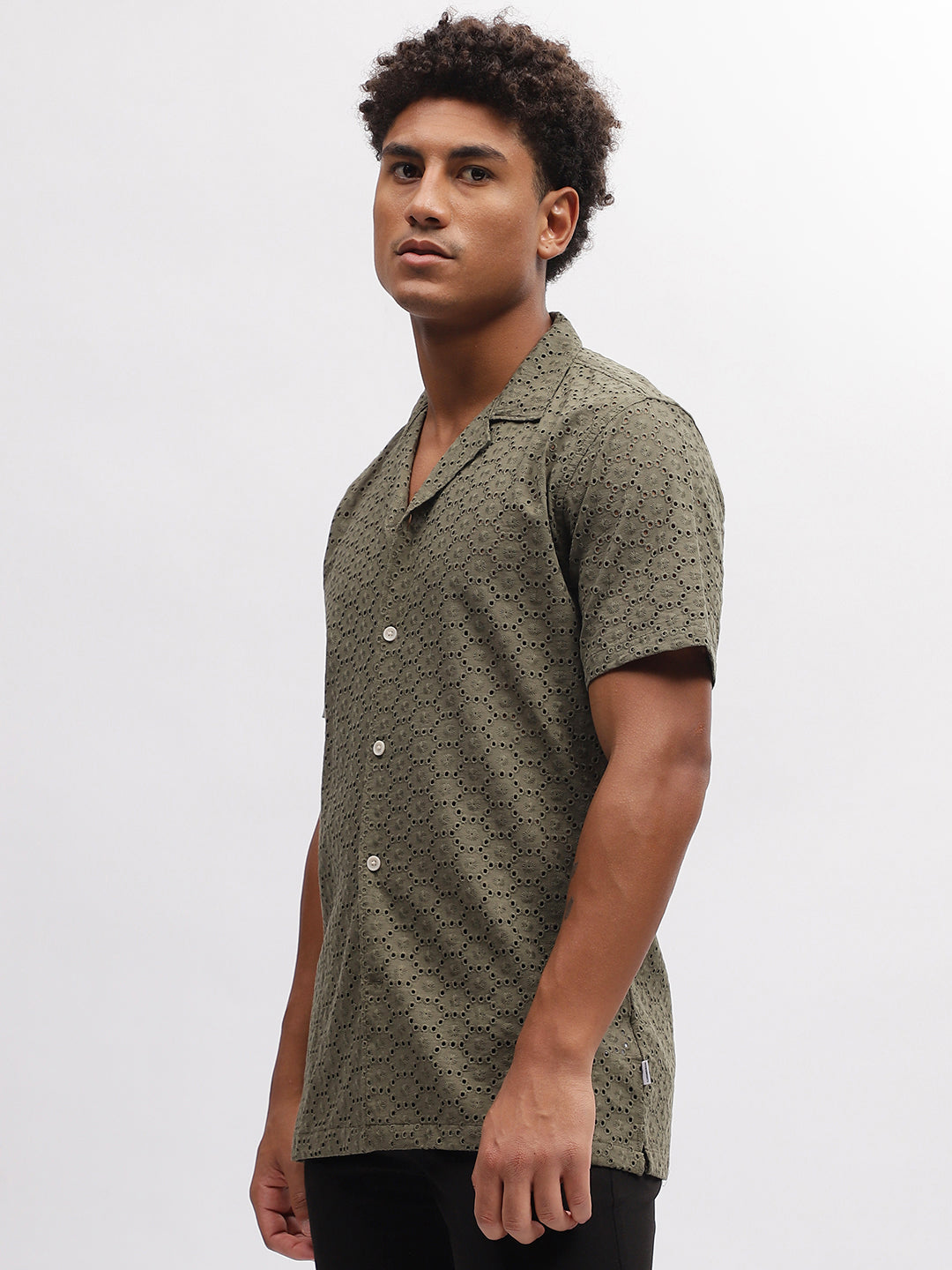 Lindbergh Men Green Embroidered Resort Collar Short Sleeves Shirt