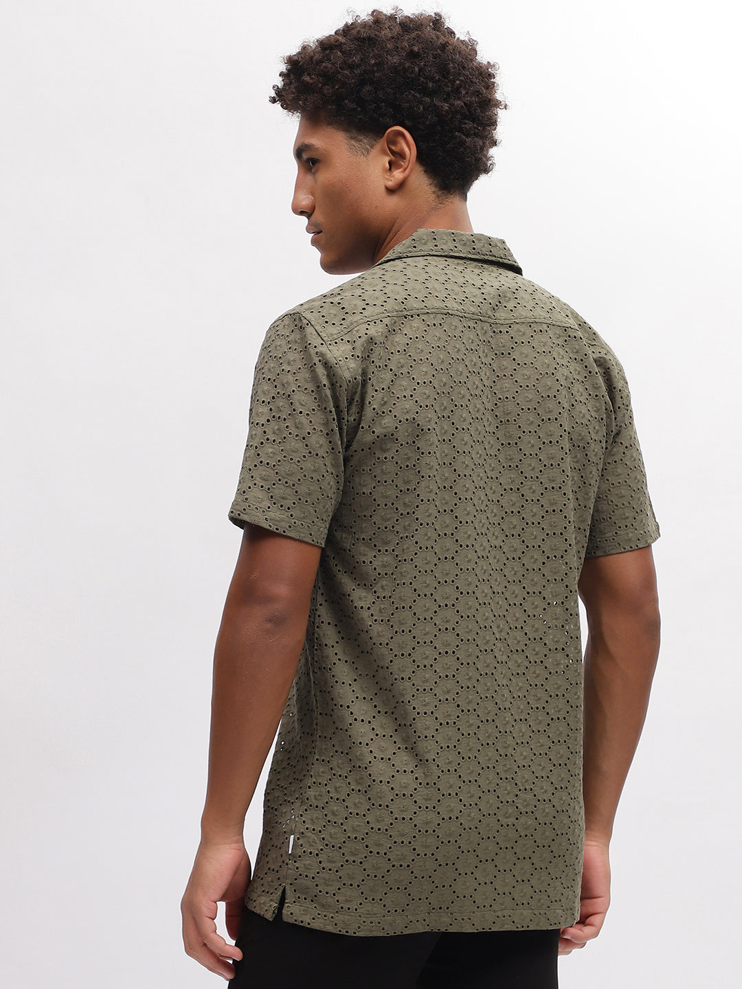 Lindbergh Men Green Embroidered Resort Collar Short Sleeves Shirt