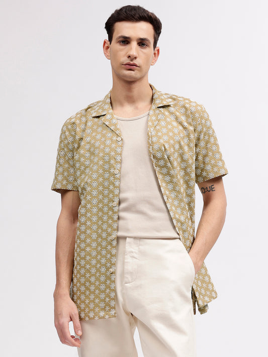 Lindbergh Men Beige Embroidered Resort Collar Short Sleeves Shirt