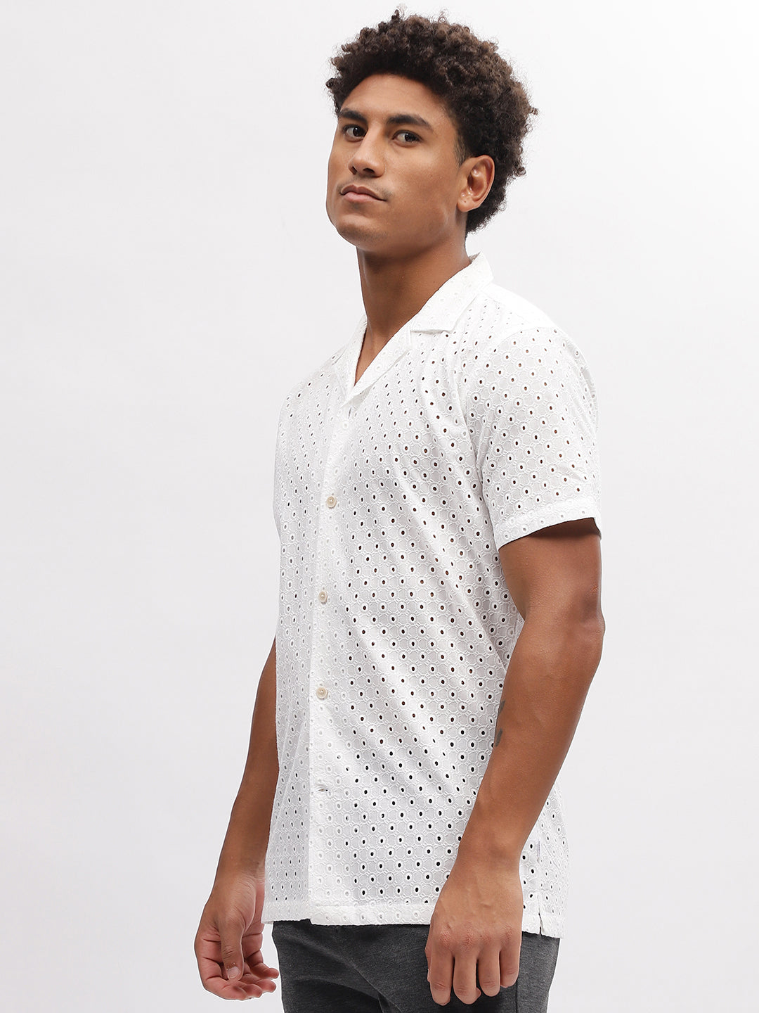 Lindbergh Men White Embroidered Resort Collar Short Sleeves Shirt