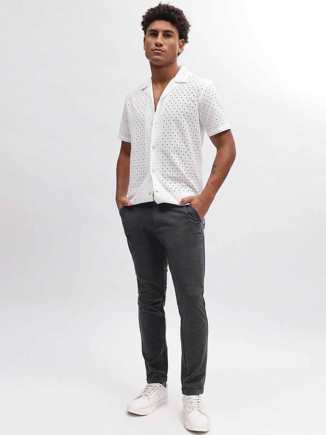 Lindbergh Men White Embroidered Resort Collar Short Sleeves Shirt