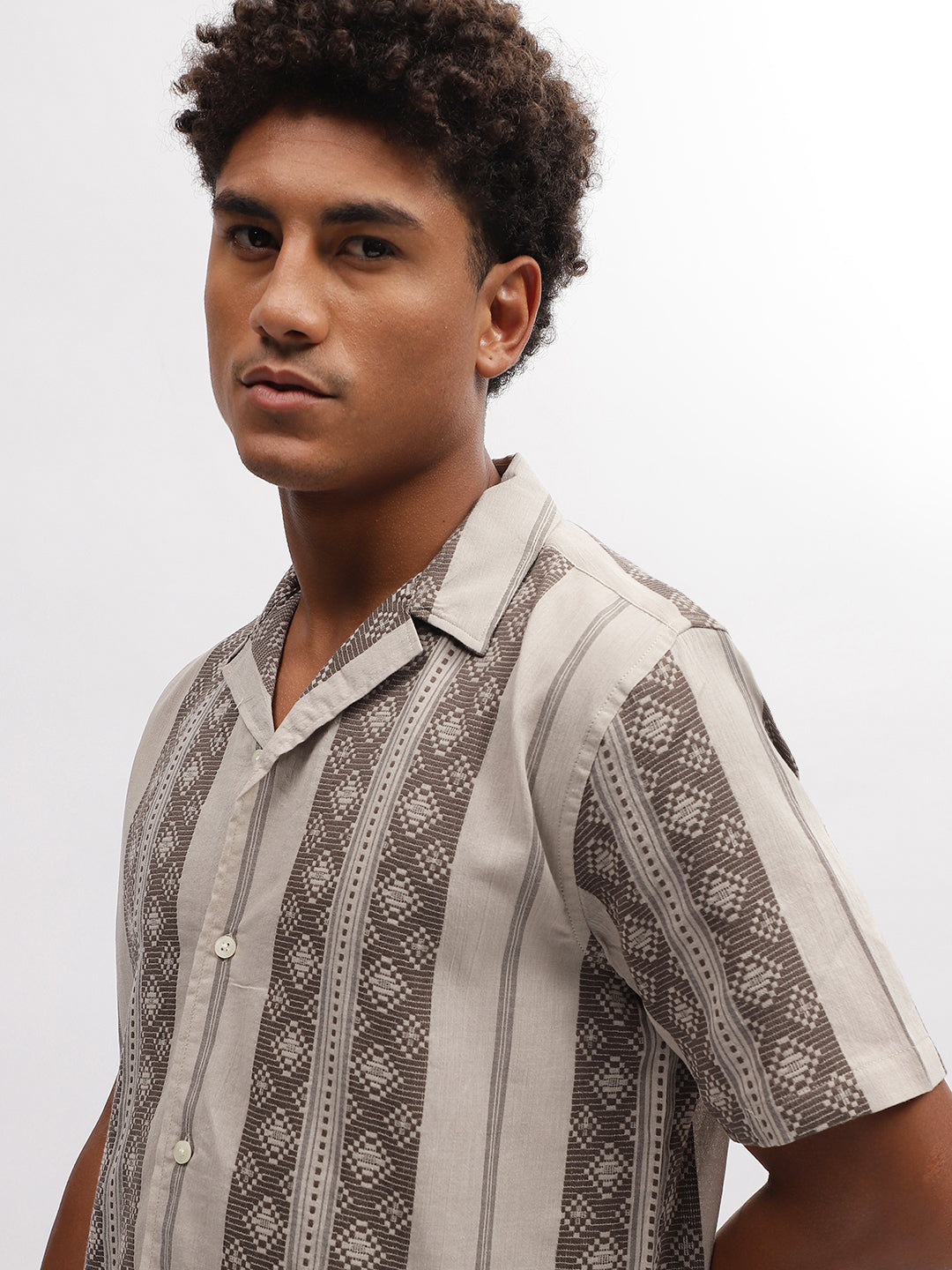 Lindbergh Men Brown Striped Resort Collar Short Sleeves Shirt