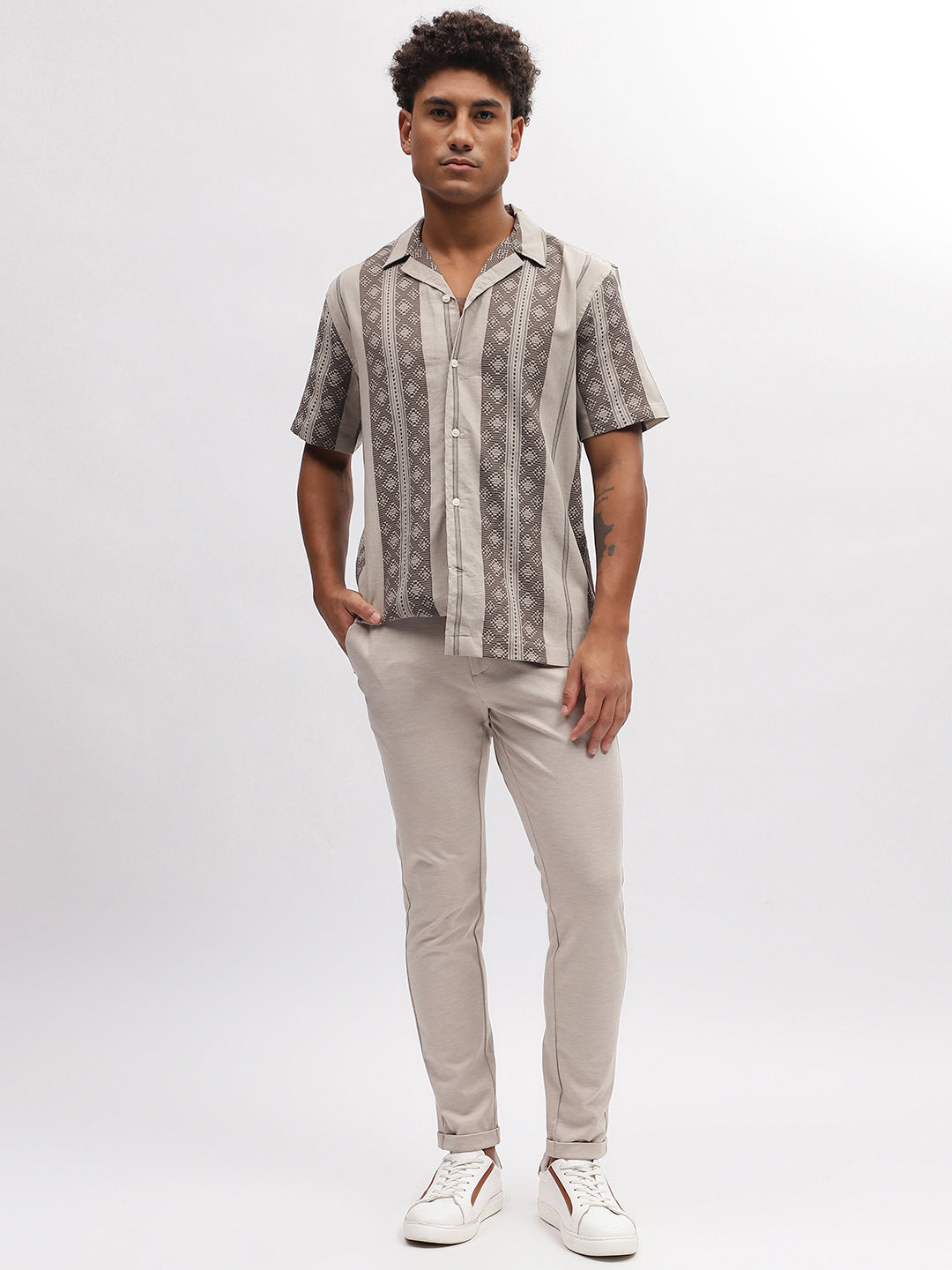 Lindbergh Men Brown Striped Resort Collar Short Sleeves Shirt