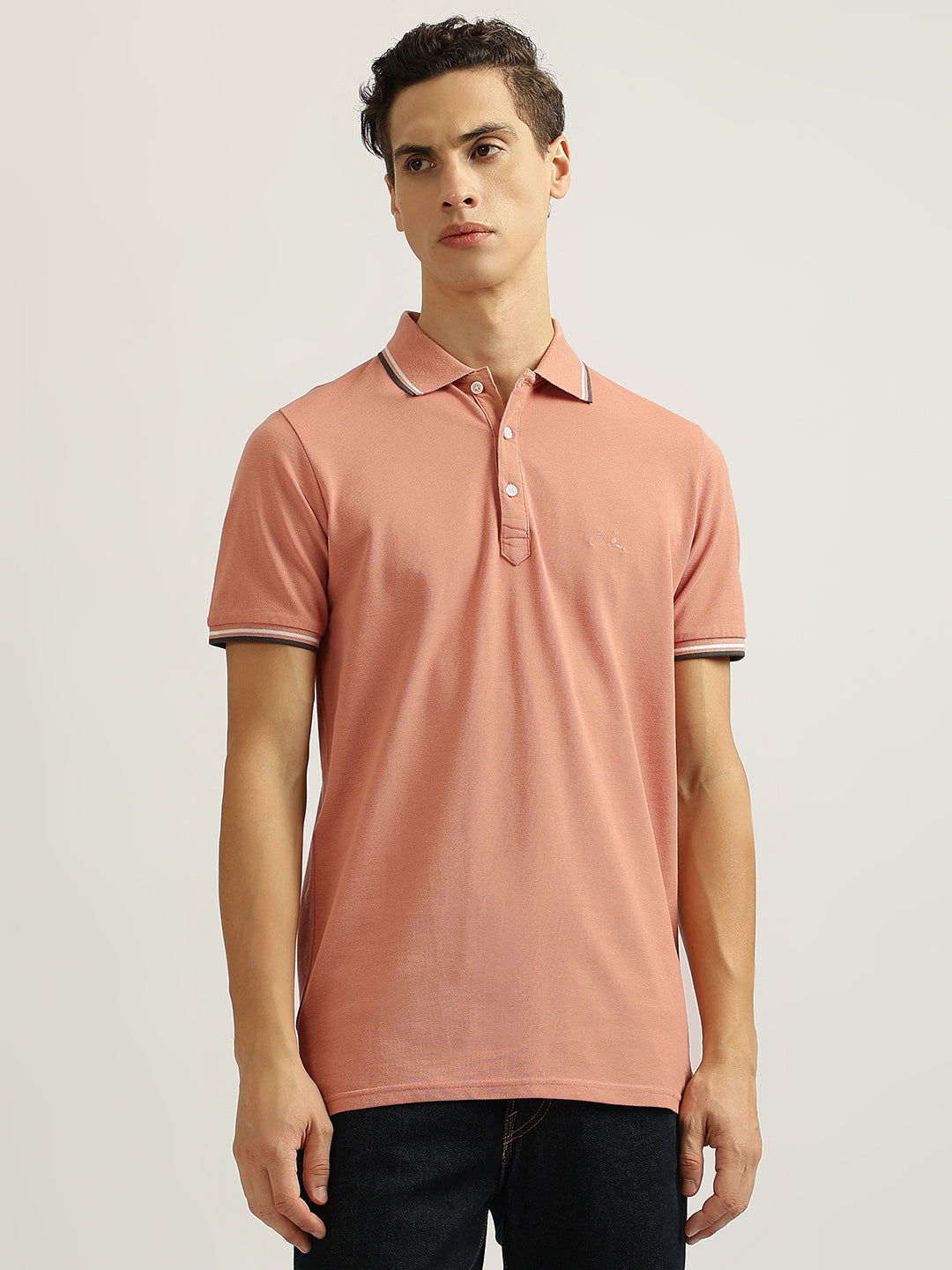 Lindbergh Men Peach Solid Collared Short Sleeves Polo Tshirt