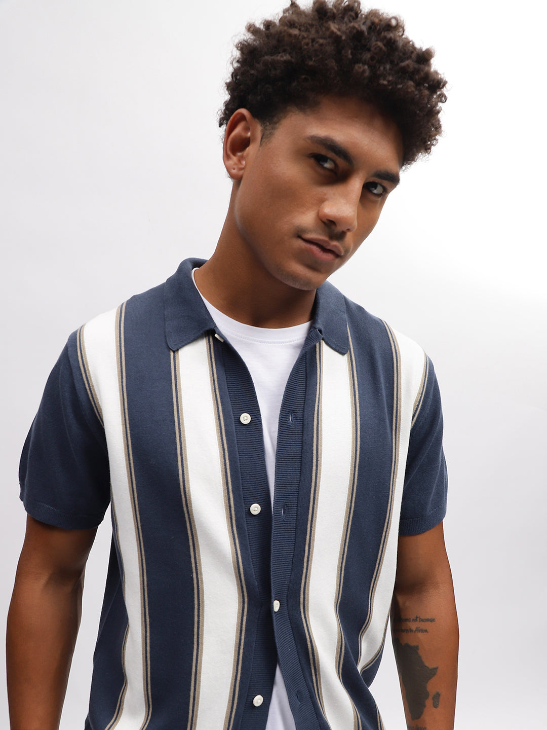 Lindbergh Men Blue Striped Spread Collar Short Sleeves Shirt