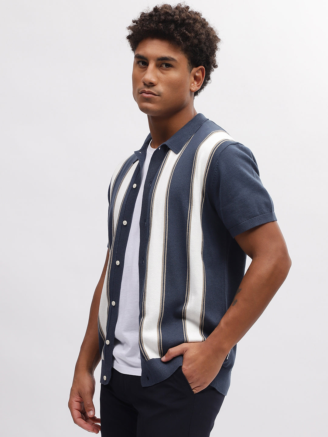 Lindbergh Men Blue Striped Spread Collar Short Sleeves Shirt