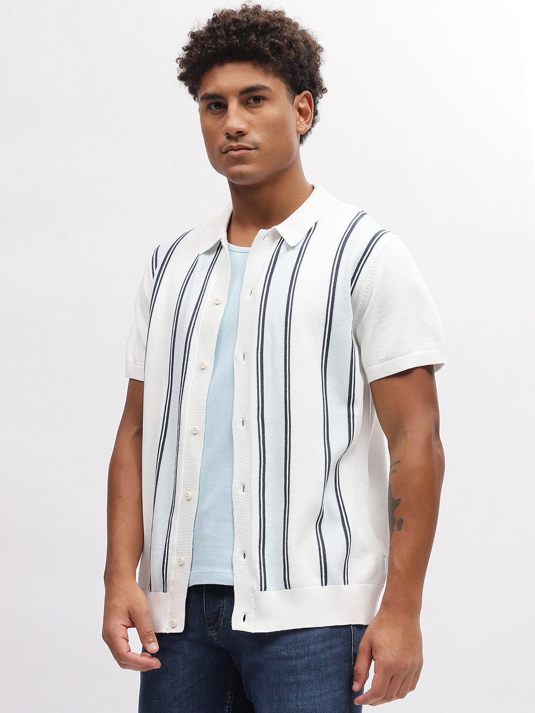 Lindbergh Men White Striped Spread Collar Short Sleeves Shirt