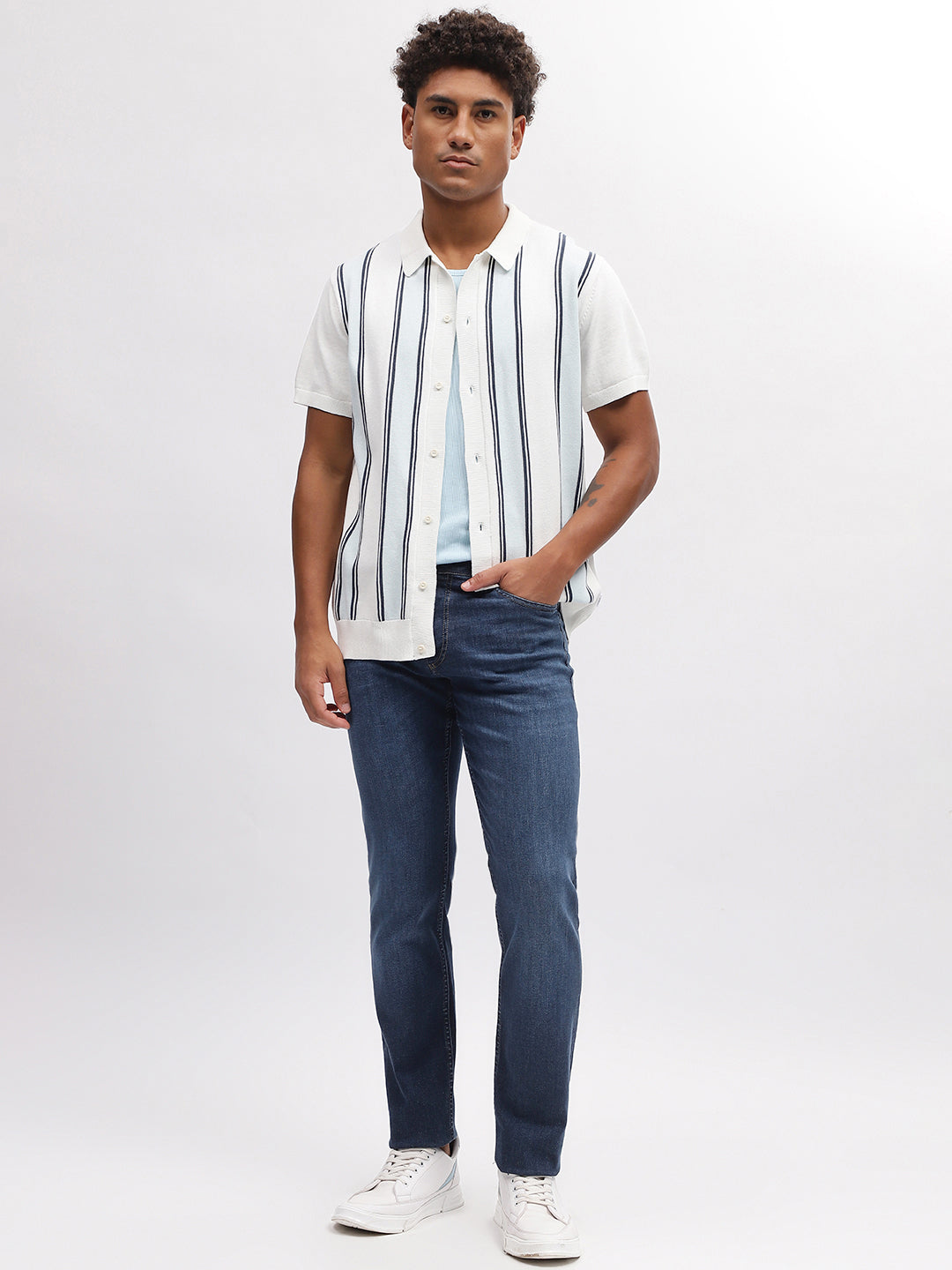 Lindbergh Men White Striped Spread Collar Short Sleeves Shirt