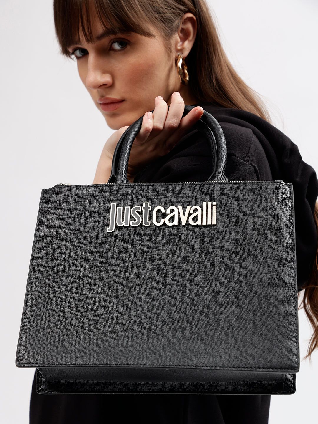 Just Cavalli Women Black Solid Textured Tote Bag