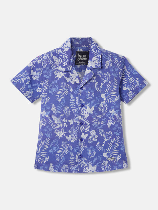 Blue Giraffe Boys Blue Printed Resort Collar Short Sleeves Shirt