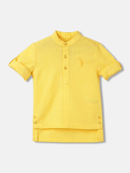 Blue Giraffe Boys Yellow Solid Band Collar Full Sleeves Shirt