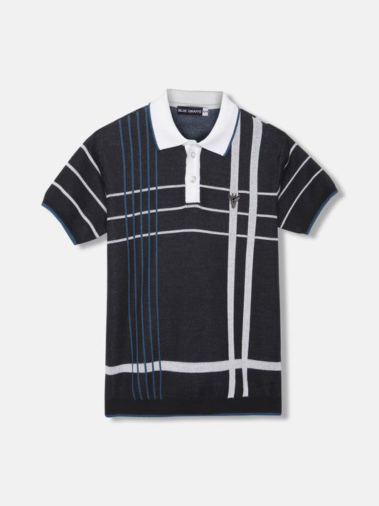 Blue Giraffe Boys Black Striped Polo Collar Short Sleeves T-shirt