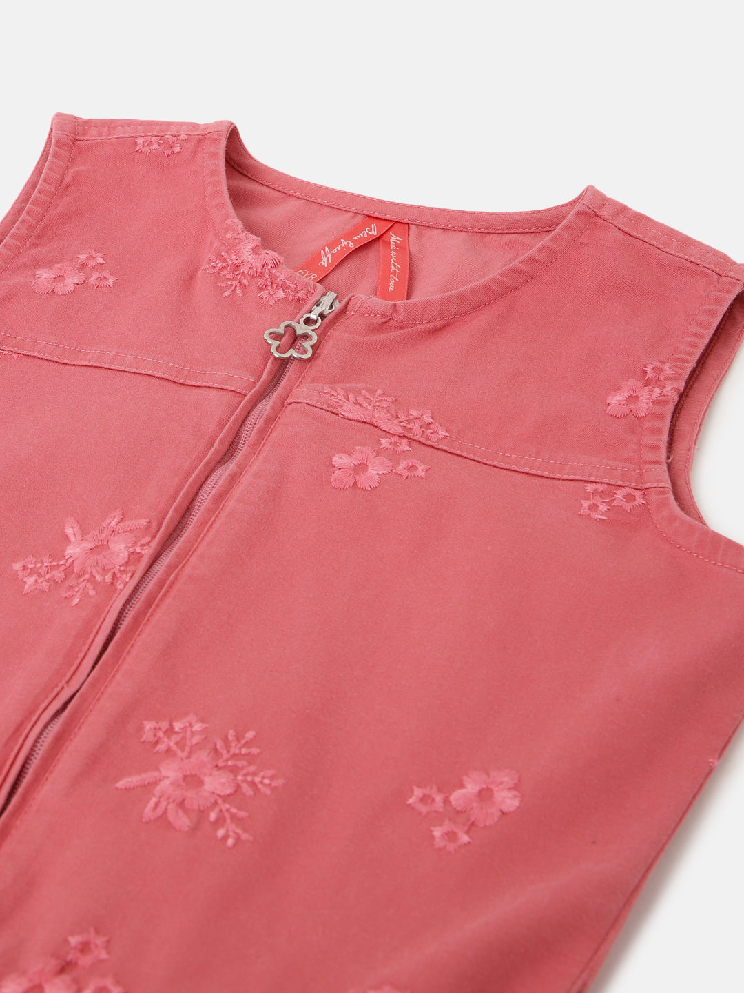 Blue Giraffe Girls Peach Embroidered Round Neck Sleeveless Playsuit