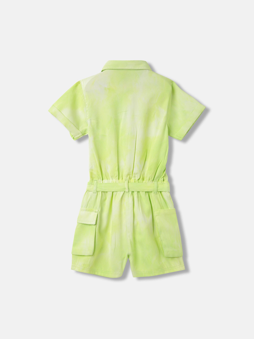 Blue Giraffe Girls Green Printed Shirt Collar Short Sleeves Playsuit