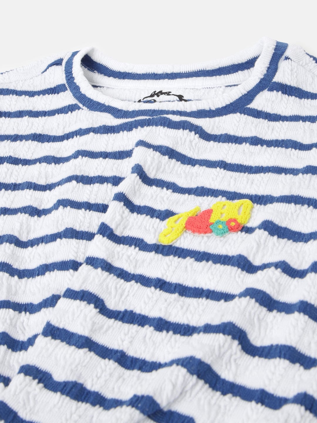 Blue Giraffe Girls White Striped Round Neck Short Sleeves T-Shirt