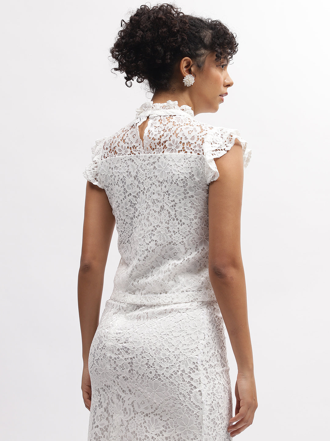 Centre Stage Women White Self-Design Ruffle Neck Short Sleeves Top