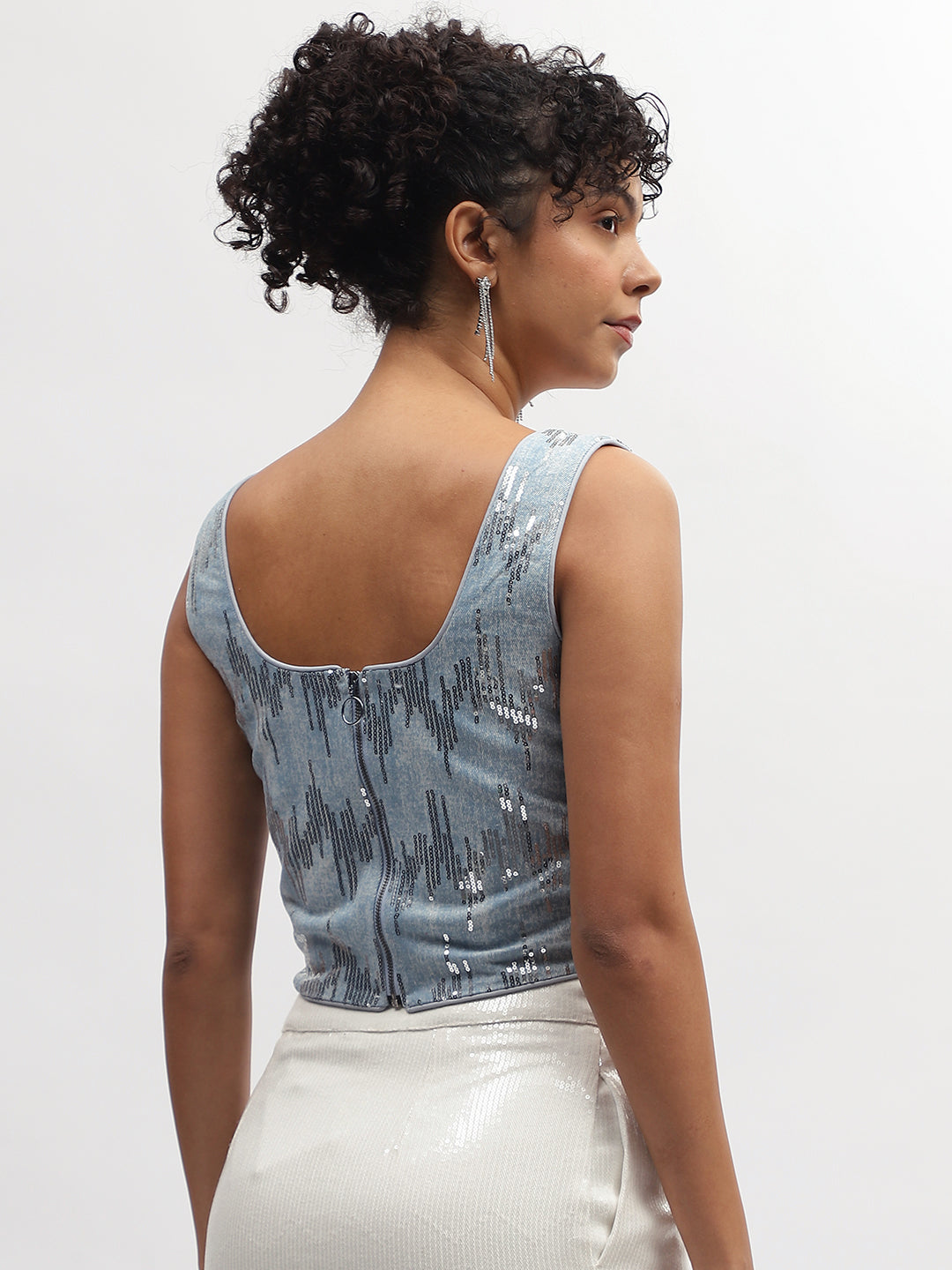 Centre Stage Women Blue Embellished Square Neck Sleeveless Top