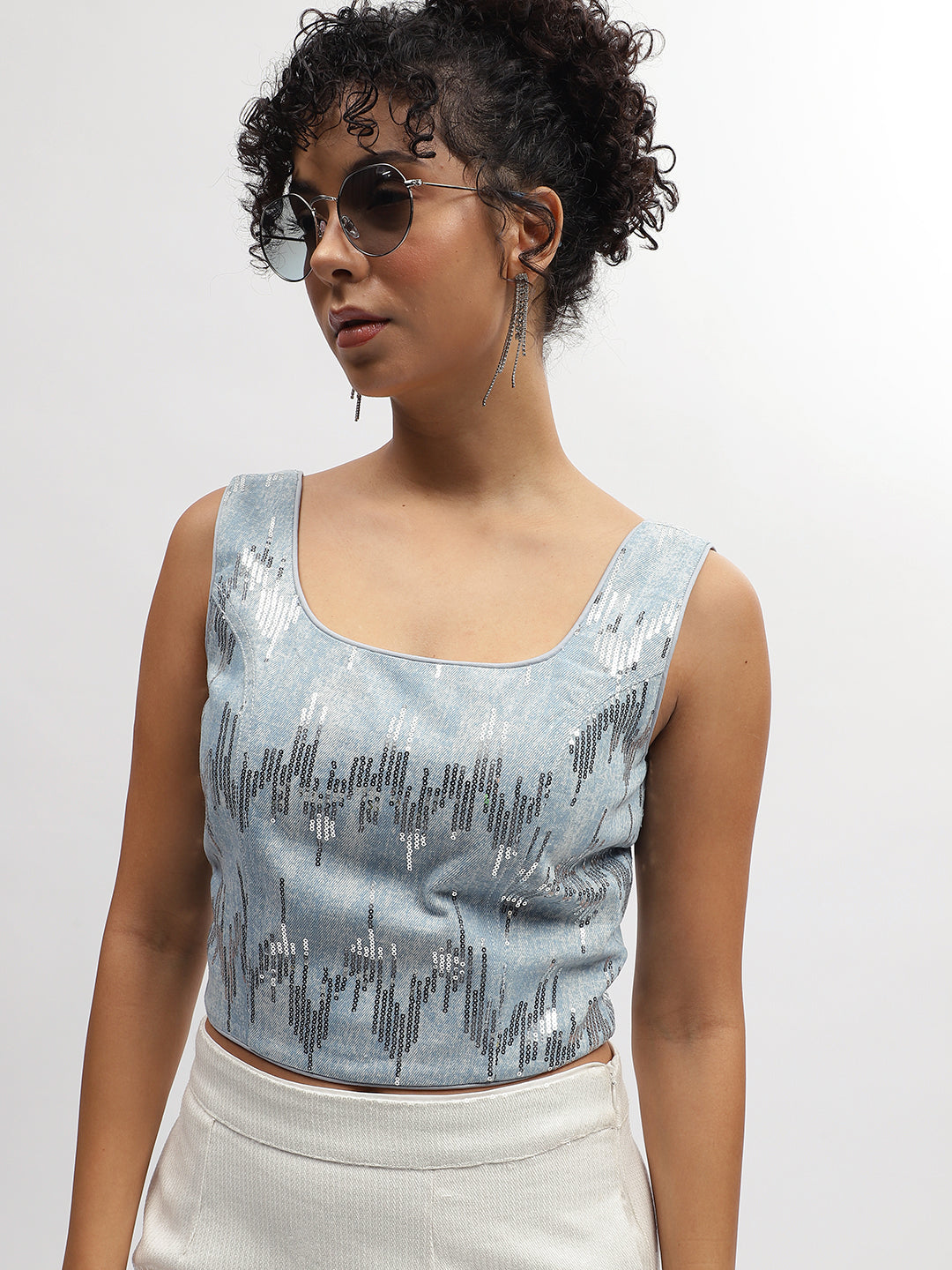 Centre Stage Women Blue Embellished Square Neck Sleeveless Top