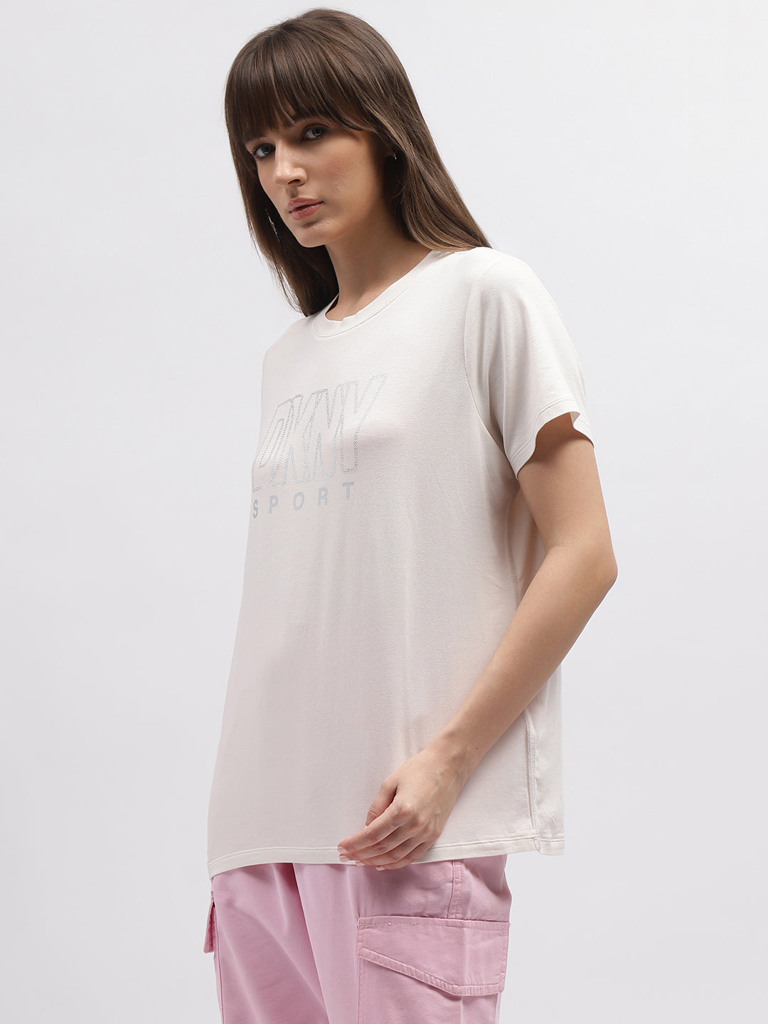 Dkny Women Off White Solid Round Neck Short Sleeves Tshirt