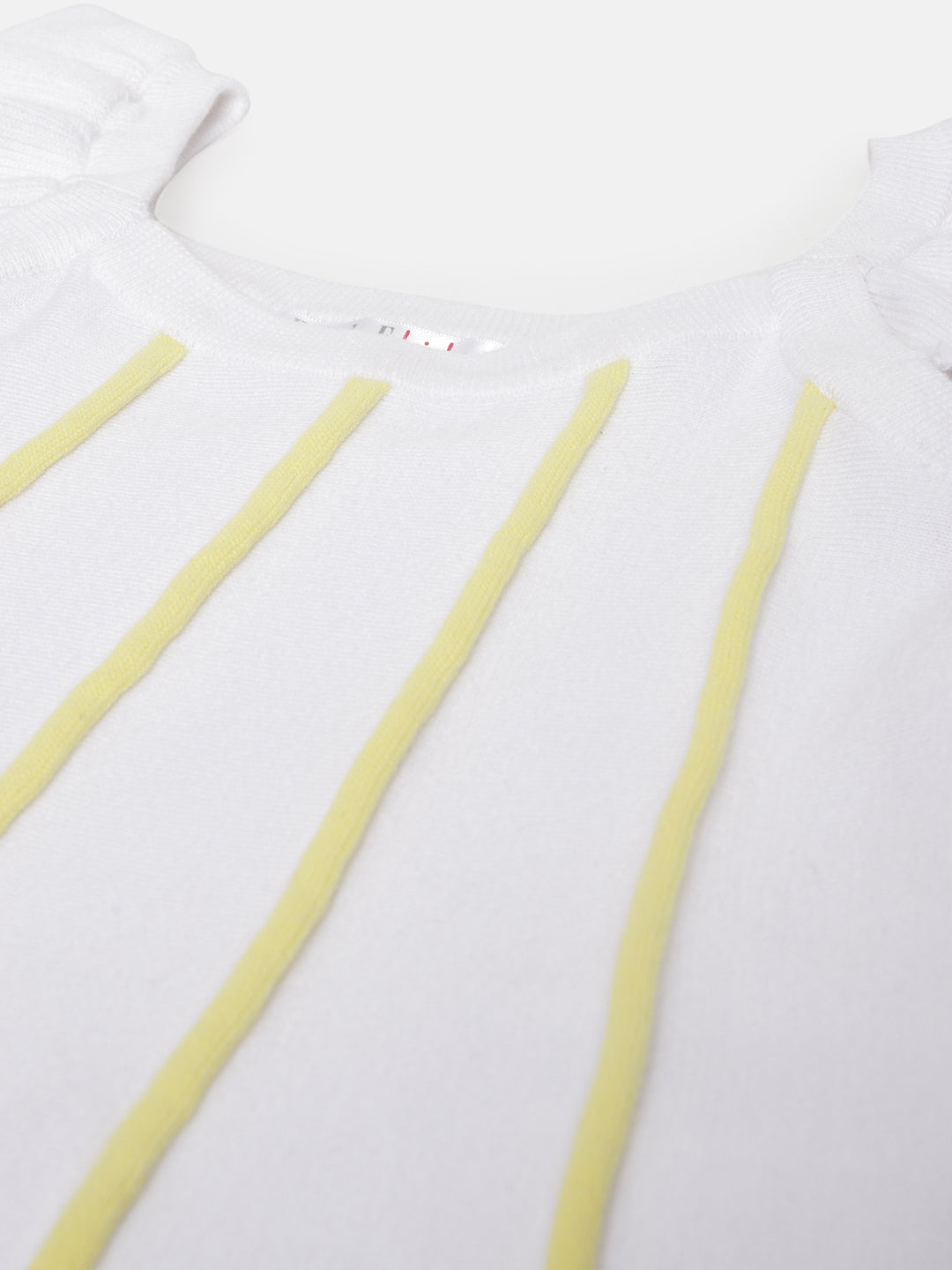 Elle Girls White Striped Scoop Neck Ruffled Sleeves T-shirt