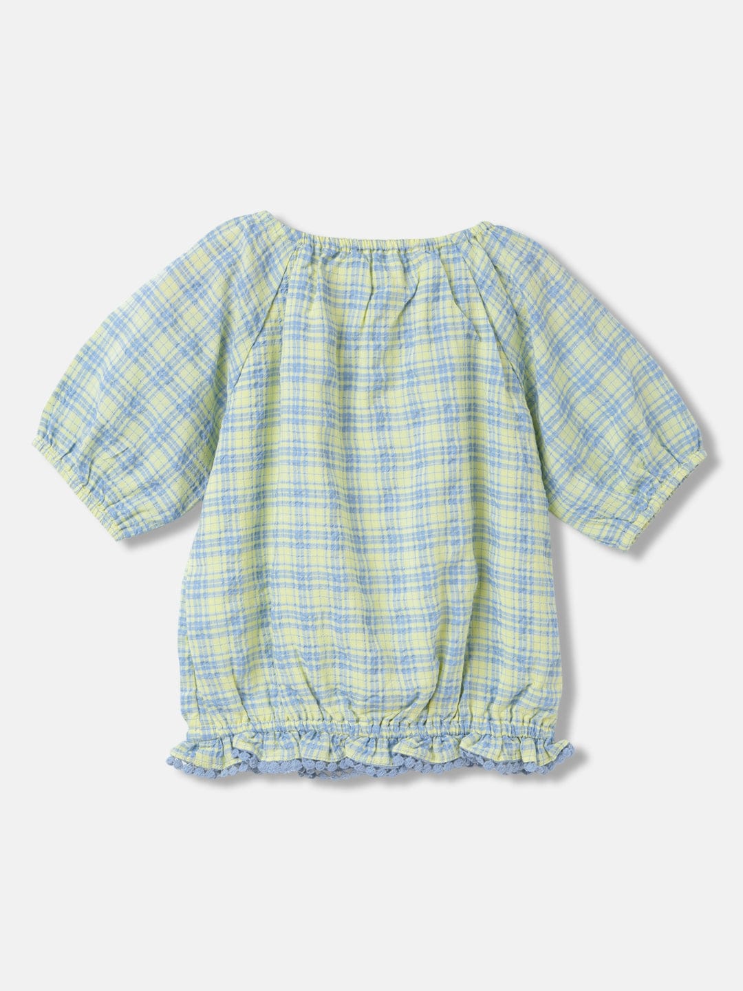 Elle Girls Yellow Checked Round Neck Short Sleeves Top