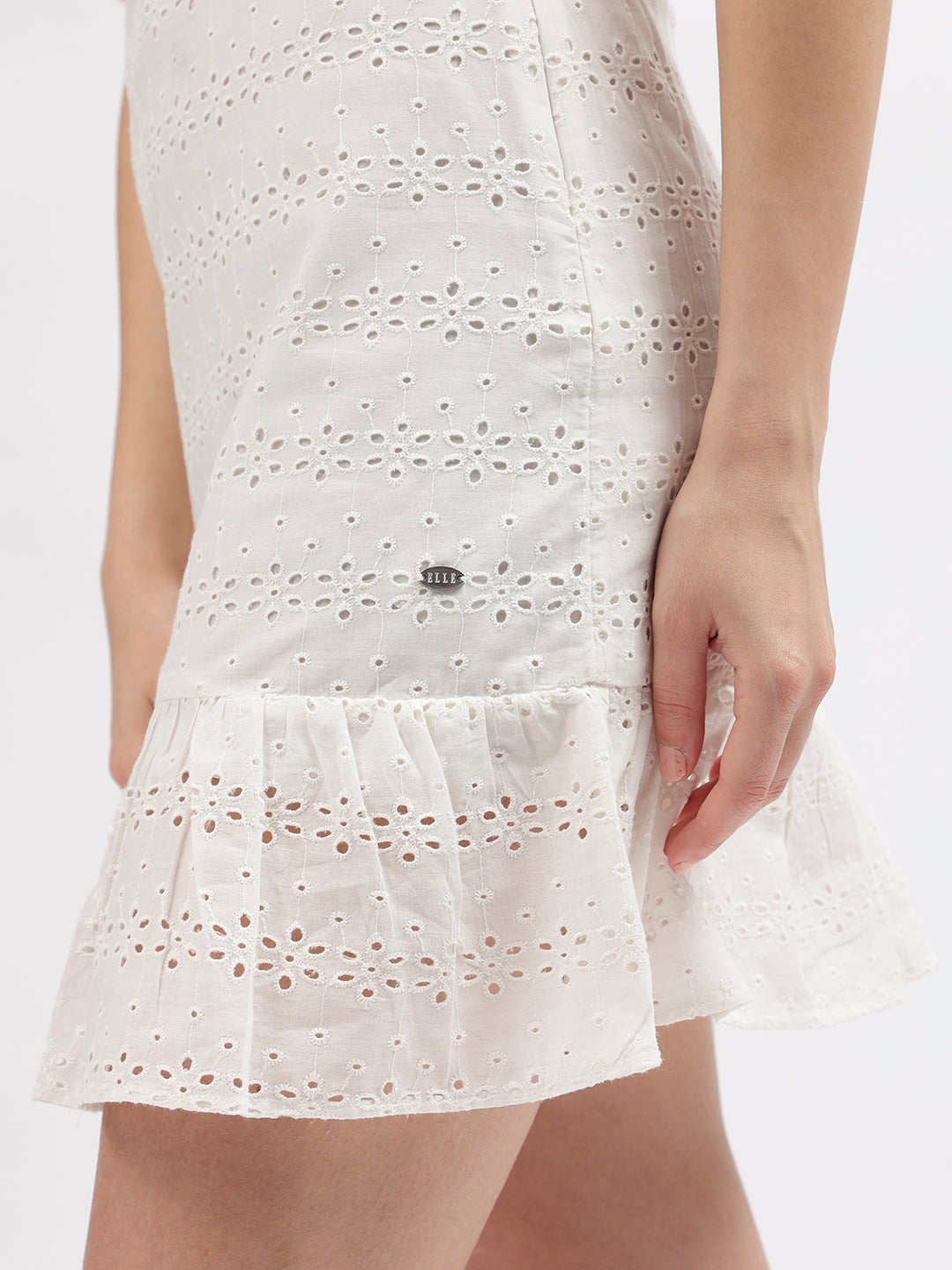 Elle Women White Embroidered Boat Neck Short Sleeves Dress