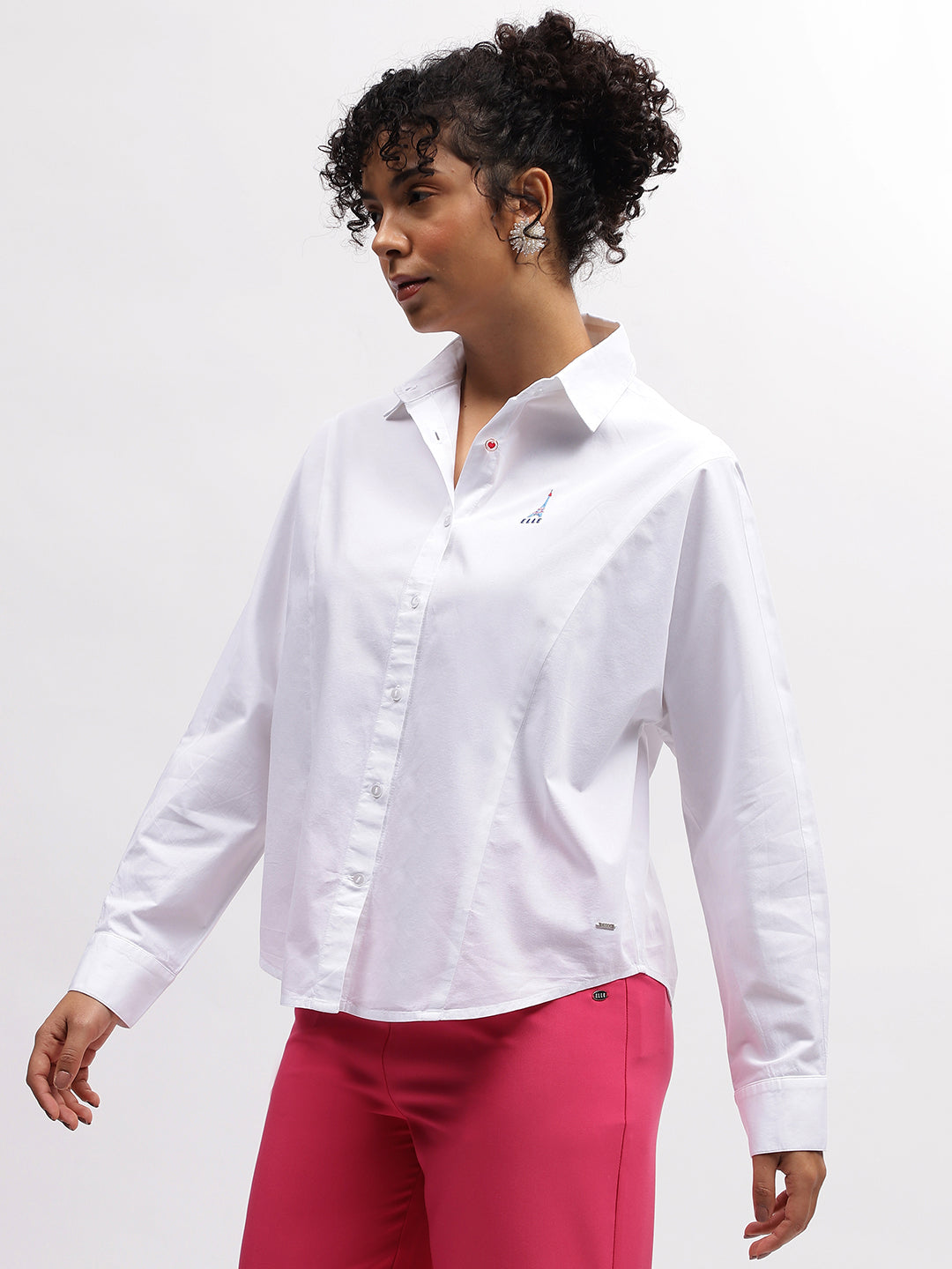 Elle Women White Solid Spread Collar Full Sleeves Shirt
