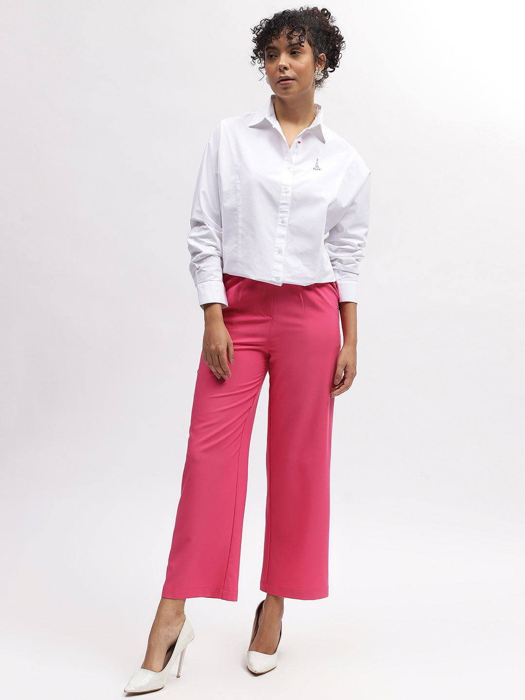 Elle Women White Solid Spread Collar Full Sleeves Shirt